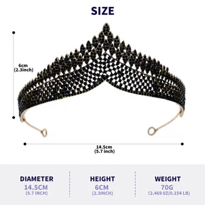 Detailed size specs for the vintage black Gothic baroque tiara crown accessory