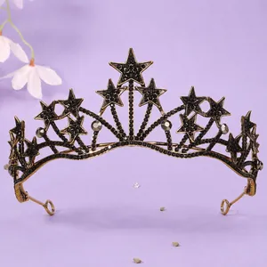 Vintage Gothic Baroque star crown with black crystals in antique gold finish for parties