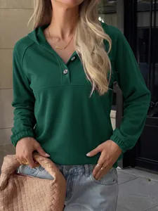 Sudadera con capucha verde oscuro con botones para mujer moda casual de otoño.