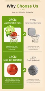 Comparison detail showing 28cm enlarged dinosaur basketball hoop and 14cm ball