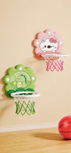 Adjustable height kids indoor basketball hoop with cartoon cat and dinosaur designs.