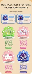Various cartoon children's indoor basketball hoops with dinosaur and unicorn designs