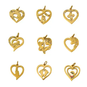 Nine gold heart pendants with hollow designs and zircon accents for DIY jewelry making.