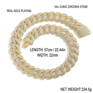 Detailed view of 22mm iced-out gold plated Cuban link chain with 5A+ CZ stones