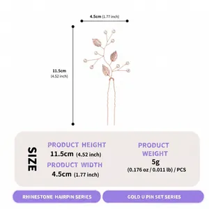 Detail of handmade forest style metal leaf pearl hairpin showing product dimensions