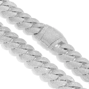 Detailed view of iced-out 22mm bubble Cuban link necklace with crystal encrusted box clasp.