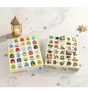 Close-up of Ramadan 30-day advent calendar boxes with a decorative golden lantern