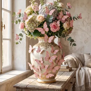 3D Schmetterling-Aufkleber in Rosa mit Goldrand schmücken eine elegante Keramikvase