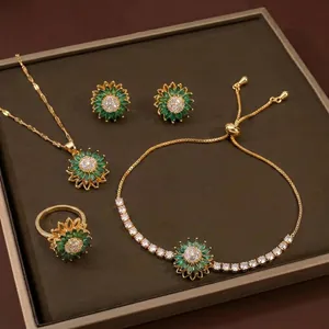 Draaiende Zonnebloem Sieradenset Smaragdgroen Zirkoon Titanium Staal Ketting Oorbellen Ring Armband Voor Vrouwen Bloem Accessoire