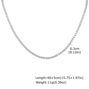 Elegant premium quality 3mm silver zircon tennis necklace with 40+5cm extension chain