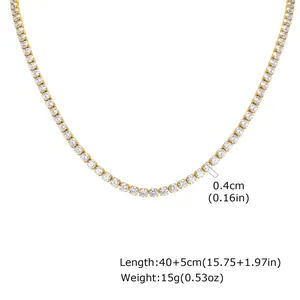 Gold plated stainless steel tennis necklace with 4mm round clear zircons for women