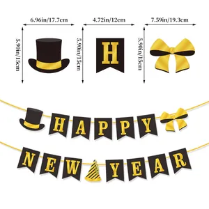Bannière Happy New Year noir et or avec décorations de chapeau et nœud avec tailles