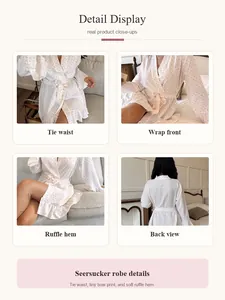 Detailed views of seersucker robe featuring tie waist and soft ruffle hem details
