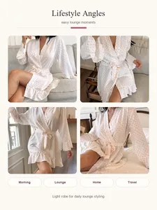 Lifestyle views showing a lightweight seersucker floral robe for home and travel