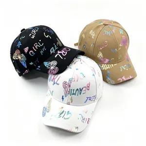Gorra de Béisbol para Mujer Mariposa Estampada en Oro Letras Algodón Sombrero de Sol Ajustable Moda Coreana Visera Curva