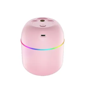 Mini humidificador USB rosa con tira de luz LED de colores para coche y oficina