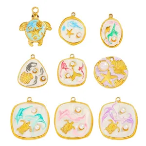 Marine series gold-plated pendants with sea turtle starfish and pearl for DIY jewelry
