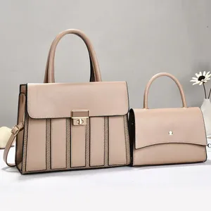 Side-by-side view of an elegant beige handbag set with a large tote and a matching clutch