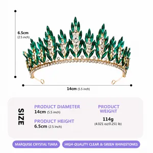 Detailed size chart for green marquise crystal tiara showing 14cm diameter and 114g weight.