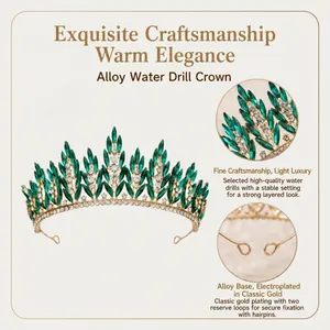 Detailed close-up view of vintage green rhinestone alloy crown with wheat ear design