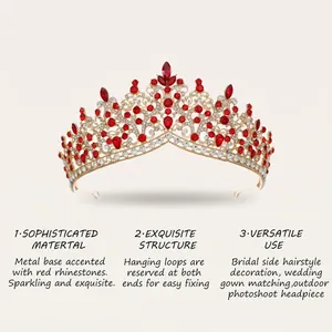 Detail view of elegant vintage gold alloy crown with red rhinestones and side hanging loops