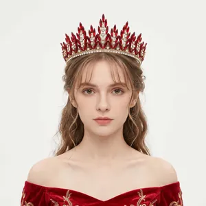 Vintage luxury crown with red rhinestones and alloy frame for banquet party photoshoot