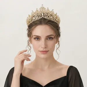 Elegant gold vintage rhinestone crown tiara for women banquet party photoshoot headwear