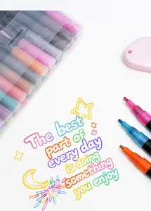 Detailed view of colorful double-line outline pens showing ink tips and writing effect