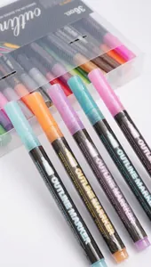 Close-up of colored double-line outline pens with individual protective shrink wrap