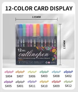Detailed view of 12-color double line outline pens with dimensions and color swatches