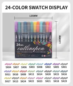 24-color double line outline pen set with glitter ink swatches and 135mm dimensions
