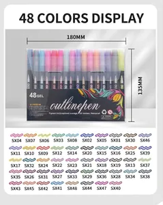 Detail view of 48-color outline pen set with dimensions and complete color swatch chart