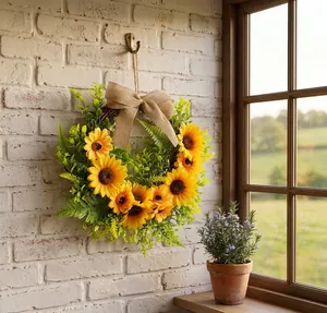 Detail view of sunflower wreath with burlap bow hanging on a rustic white brick wall