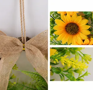 Macro shots of burlap bow, realistic sunflower, and green leaves on a rustic wreath