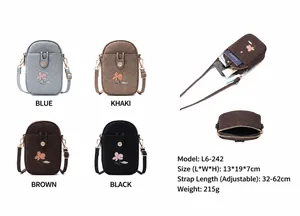 Vue détaillée de la pochette téléphone verticale pour femme en quatre couleurs brodées