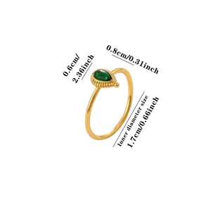 Gold teardrop ring with green stone, showing detailed measurements of 0.8cm and 1.7cm.