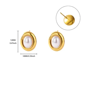 Boucles d'oreilles puces en acier doré 18K avec perle ovale et dimensions