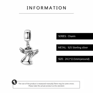 Detail view of 925 sterling silver angel charm pendant with product size information