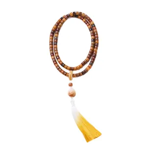 Weathered white jade bodhi seed mala necklace with white and yellow gradient tassel