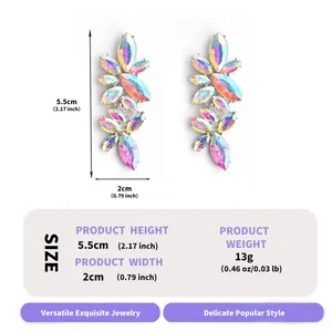 Detailed view of iridescent marquise stone leaf earrings with size and weight info.