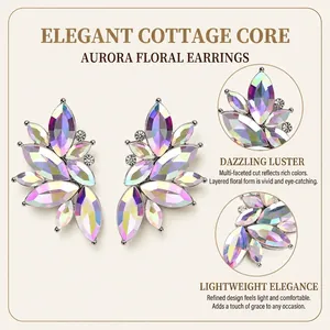 Detail view showing faceted colorful marquise crystal flower leaf stud earrings