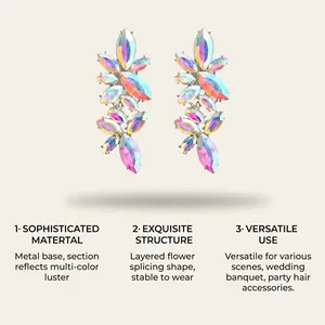 Detailed macro view of iridescent navette crystal flower stud earrings for parties.