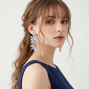 Elegant colorful marquise crystal flower earrings for banquet and party wear.