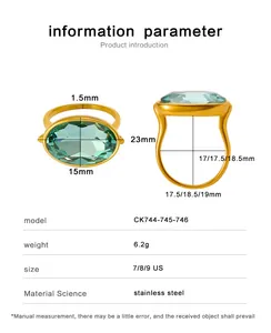 Détails techniques de la bague en acier avec pierre bleu-vert ovale et tailles US