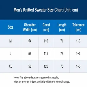 Comprehensive size chart for men's knitted pullover sweater with measurements in cm