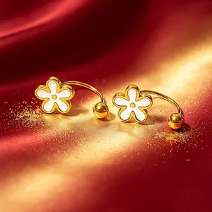 Elegant 3D white flower stud earrings in gold titanium steel featuring a secure back ball