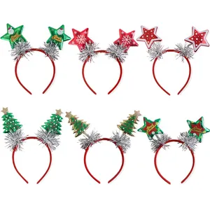 Set mit sechs festlichen Weihnachts-Stirnbändern mit glitzernden Sternen und Bäumen