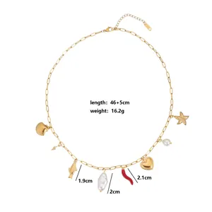Detail view of gold stainless steel charm necklace with measurements and weight.