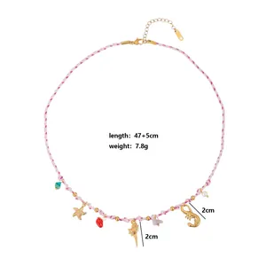 Detail view of woven necklace showing dimensions of sea charms like starfish and shell.