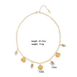 Detailed view of handmade stainless steel necklace with seashell charms and measurements